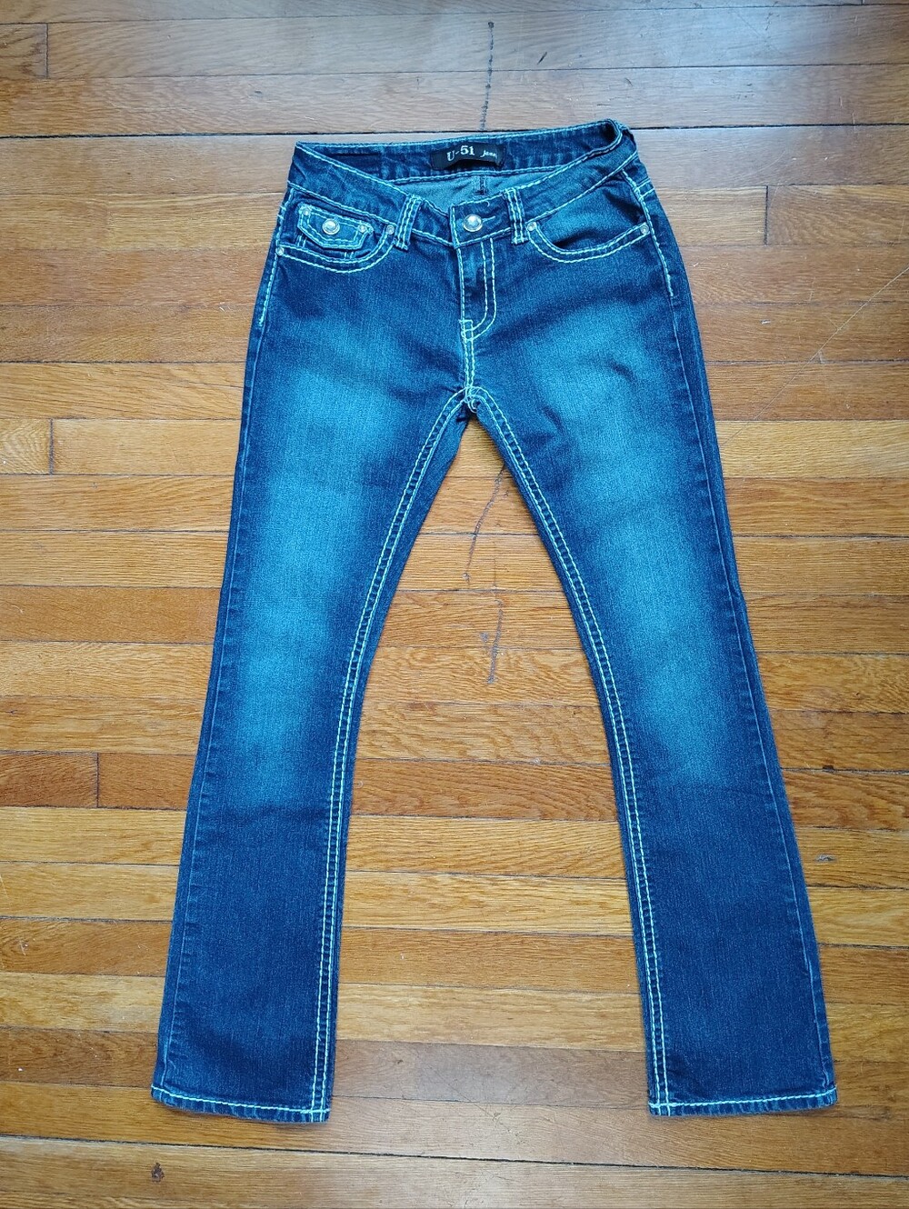 Y2K Vintage Low Rise Jeans Sz XS 25" Bootcut Contrast Stitching Bling Pockets